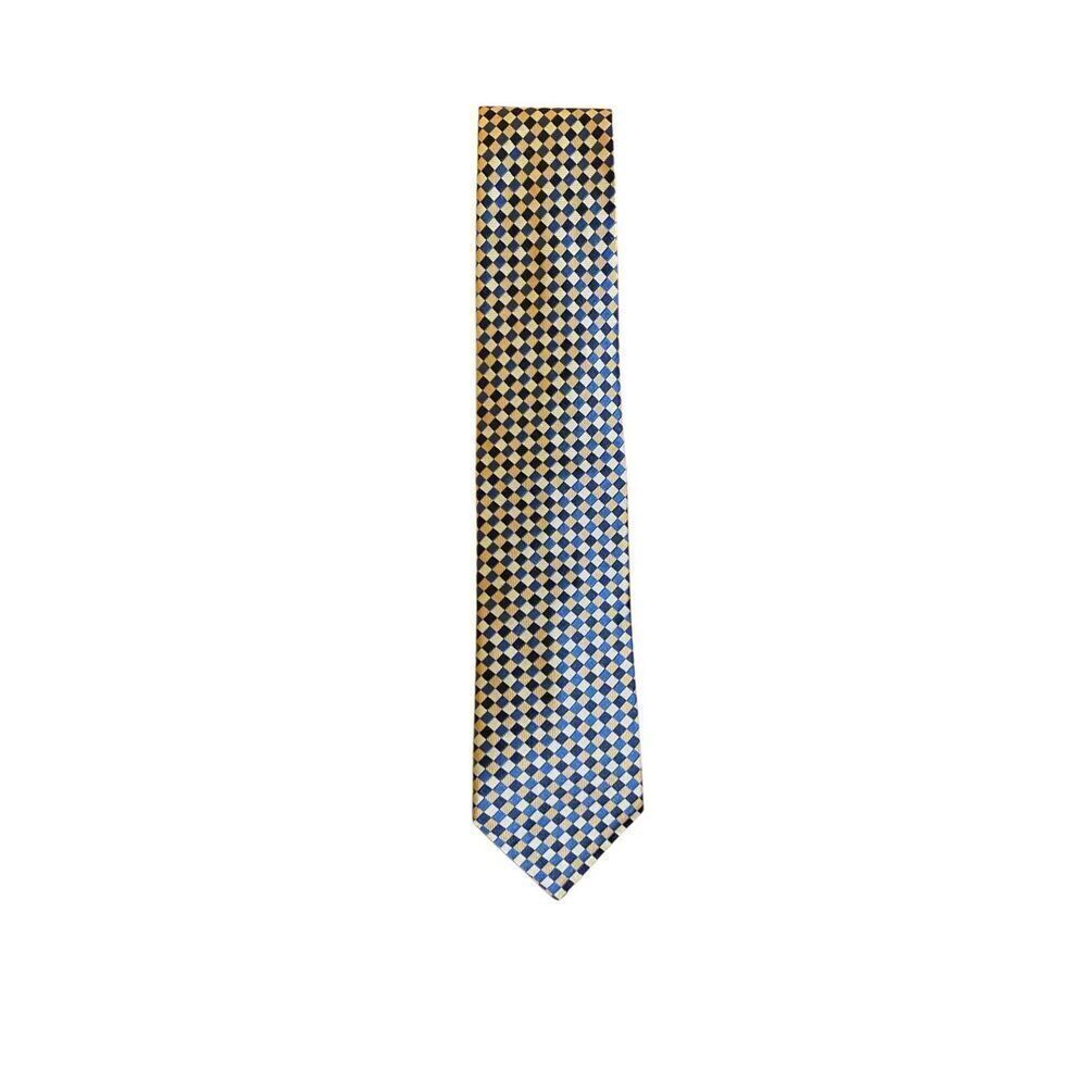Tommy Hilfiger, men’s vintage, yellow gold and blue diamond shaped 100% silk tie